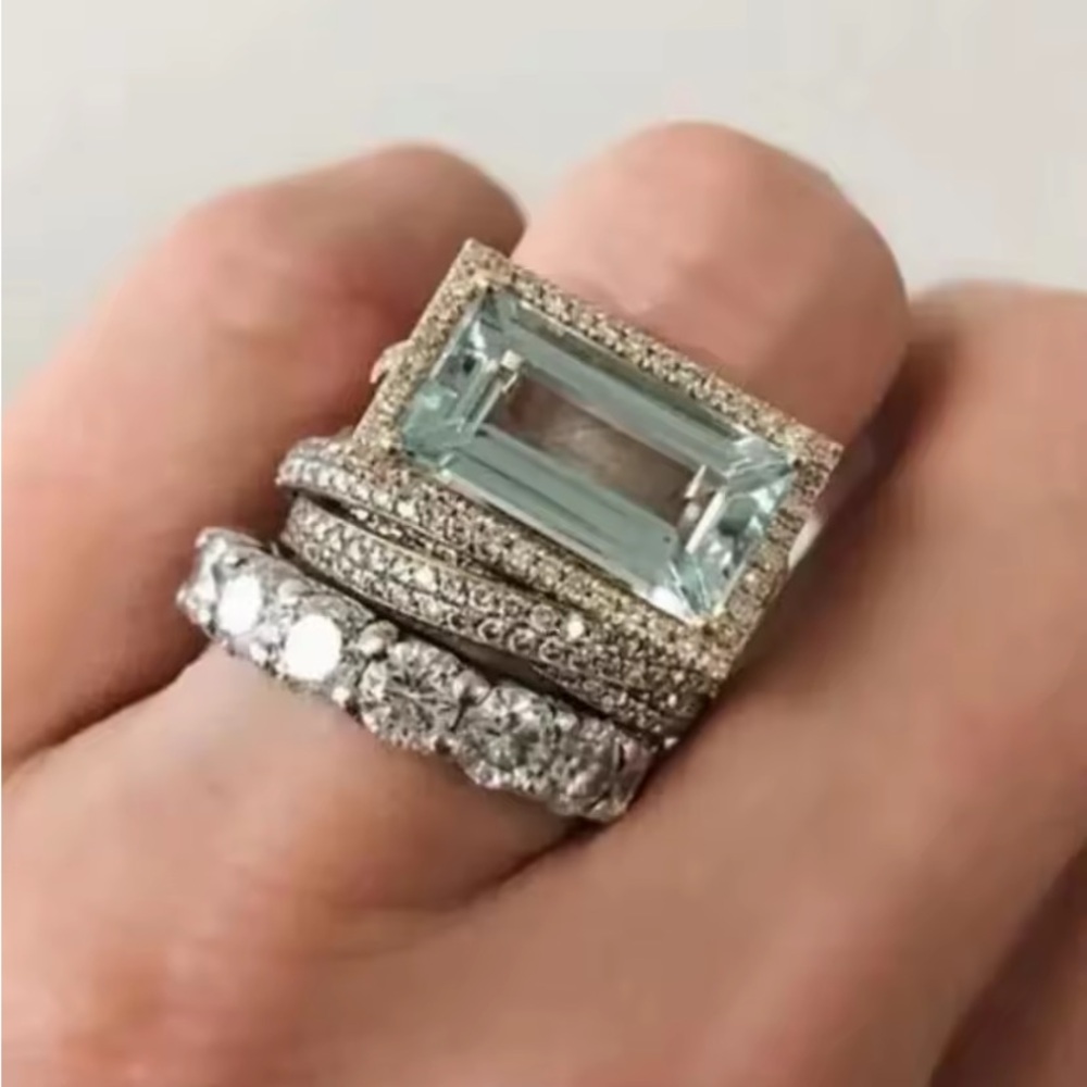 18k White Gold Plated & Aquamarine Stack Ring